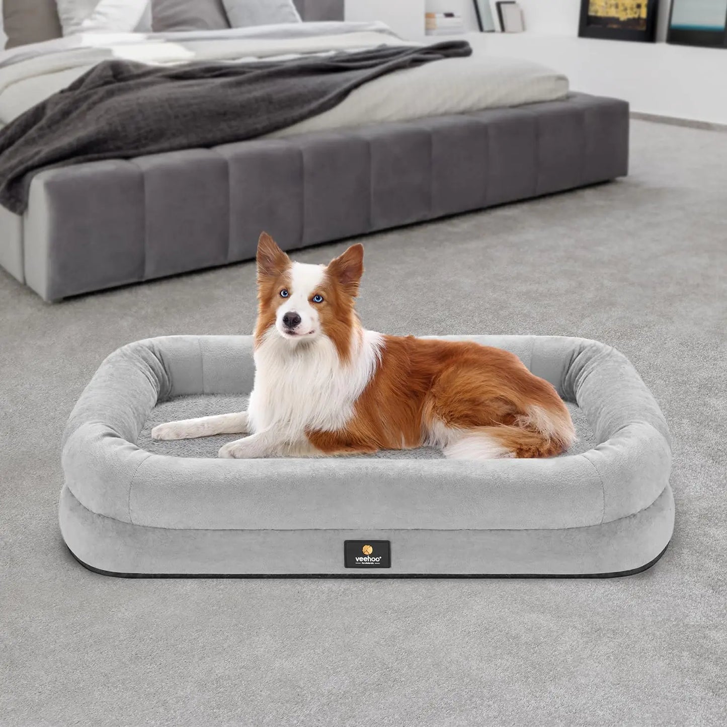 Veehoo Orthopedic Dog Bed for Large Dogs - Large Dog Bed with Removable Washable Cover 4-Sides Bolster Dog Sofa Bed Dog Couch Bed Pet Bed with Nonslip Bottom Grey